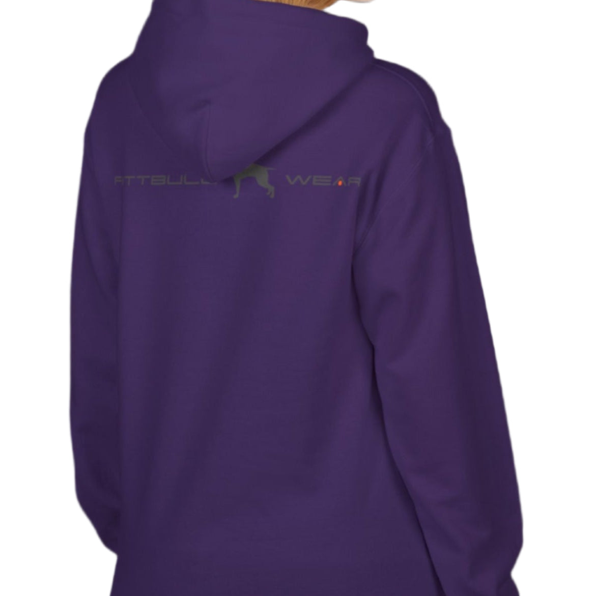 woman wearing purple sporty hoodie for fitness and bodybuilding training by the brand Fitbull, branded with a logo and a motivating motif side view