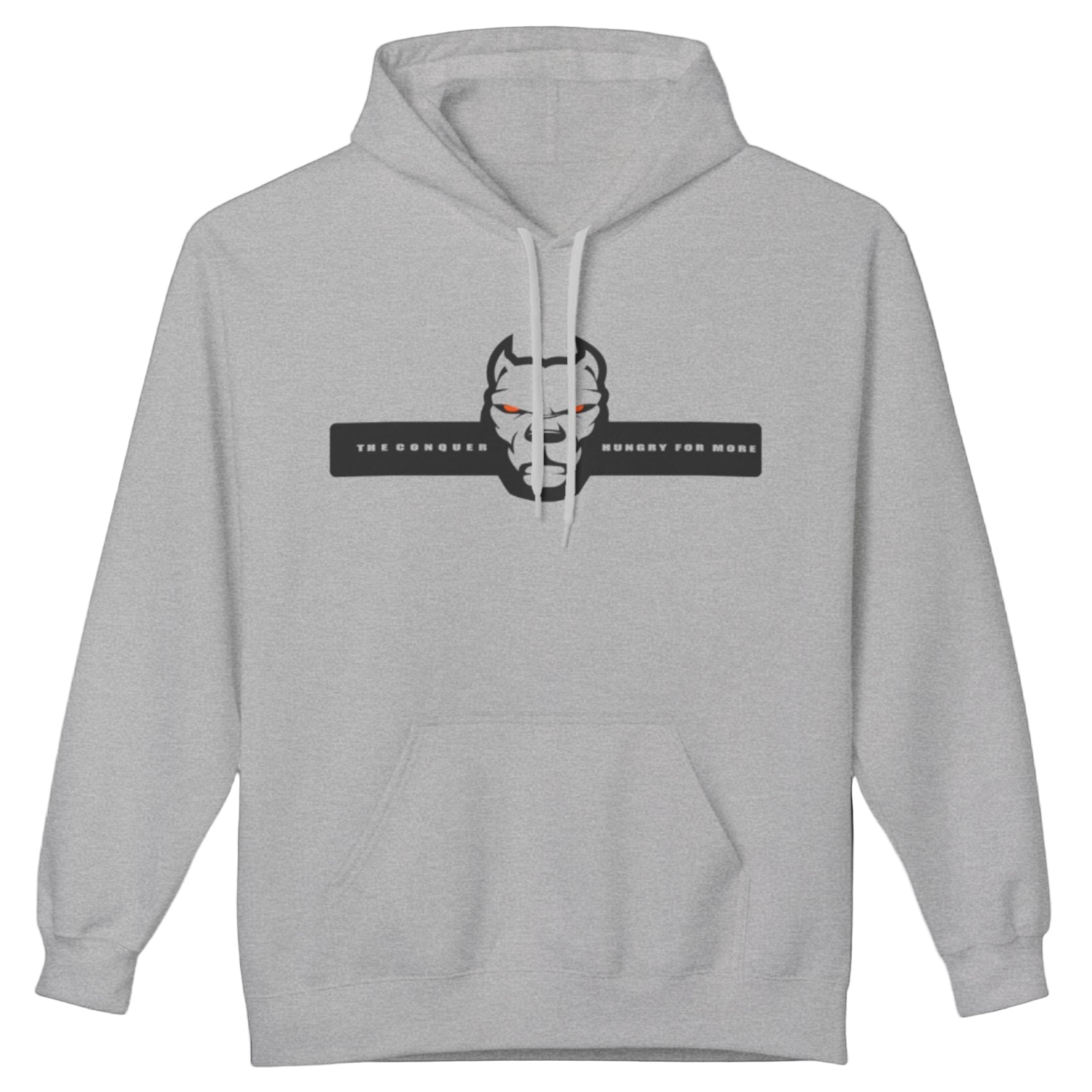 grey sporty hoodie for fitness and bodybuilding training by the brand Fitbull, branded with a logo and a motivating motif front view