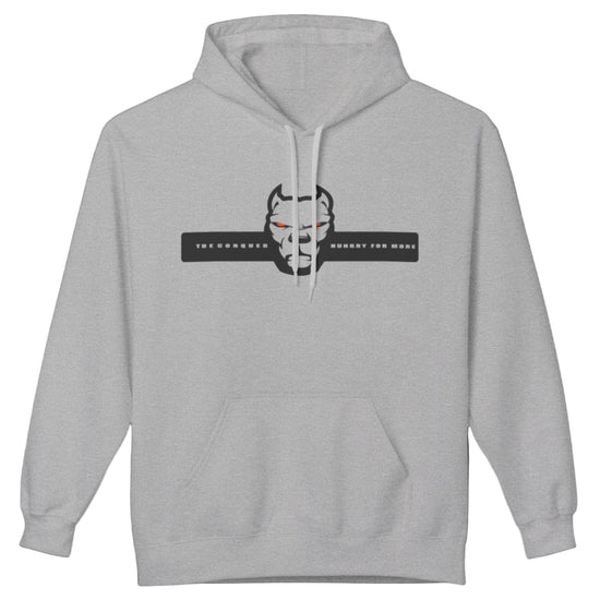 grey sporty hoodie for fitness and bodybuilding training by the brand Fitbull, branded with a logo and a motivating motif front view