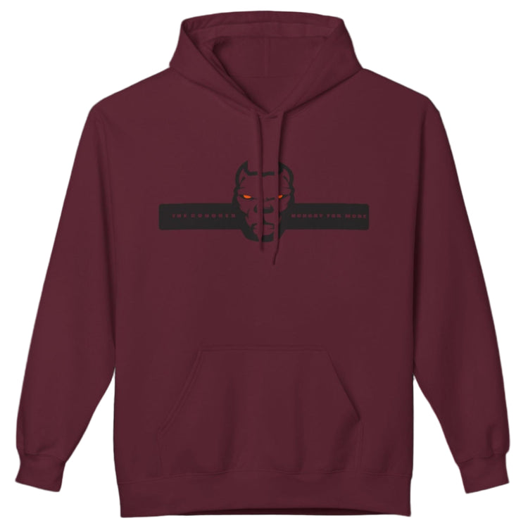 red sporty hoodie for fitness and bodybuilding training by the brand Fitbull, branded with a logo and a motivating motif front view