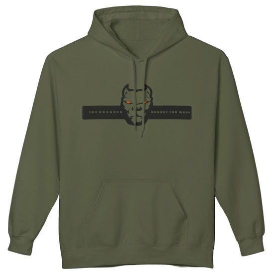 green sporty hoodie for fitness and bodybuilding training by the brand Fitbull, branded with a logo and a motivating motif front view