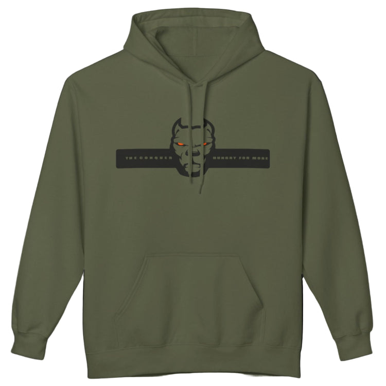 green sporty hoodie for fitness and bodybuilding training by the brand Fitbull, branded with a logo and a motivating motif front view