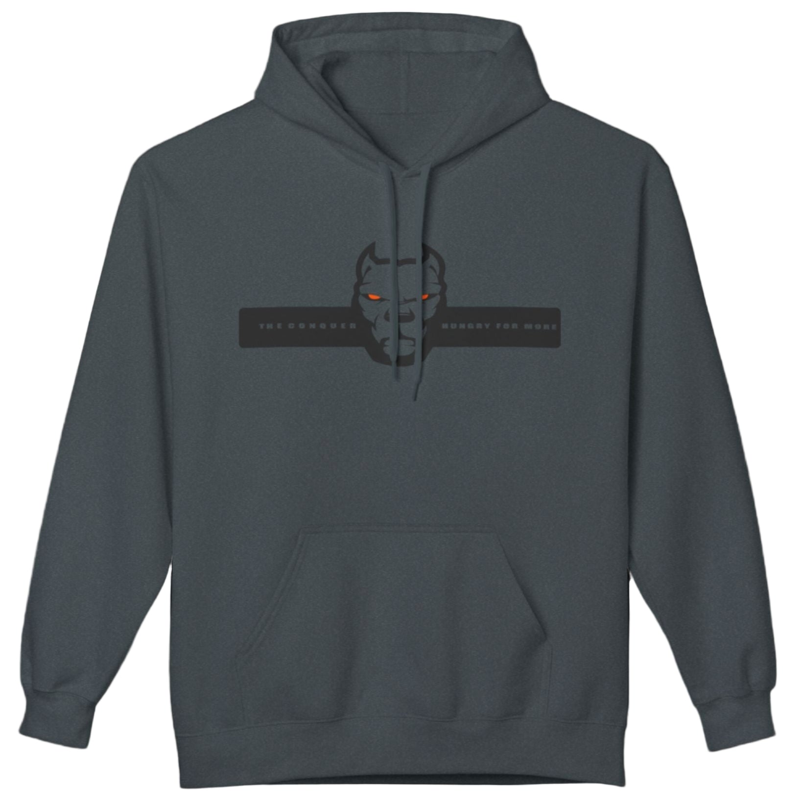 grey sporty hoodie for fitness and bodybuilding training by the brand Fitbull, branded with a logo and a motivating motif front view 