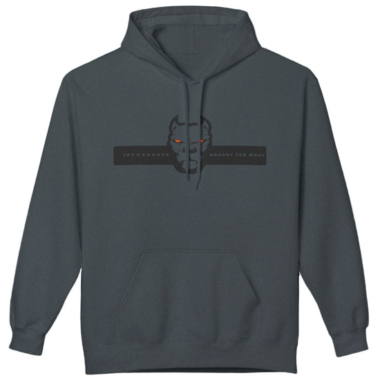 grey sporty hoodie for fitness and bodybuilding training by the brand Fitbull, branded with a logo and a motivating motif front view 