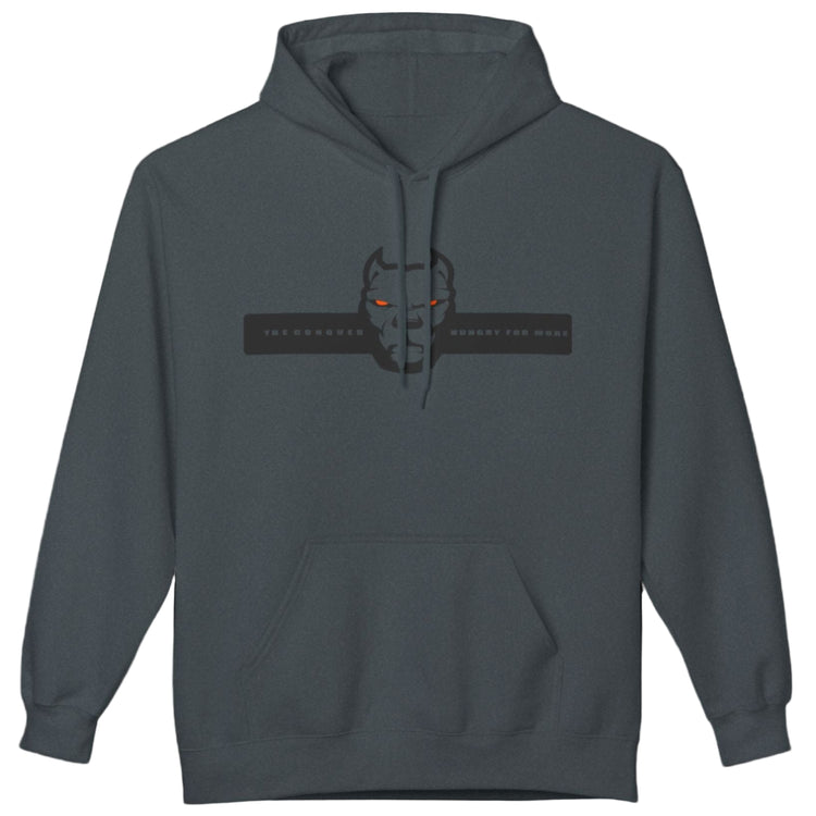 grey sporty hoodie for fitness and bodybuilding training by the brand Fitbull, branded with a logo and a motivating motif front view 