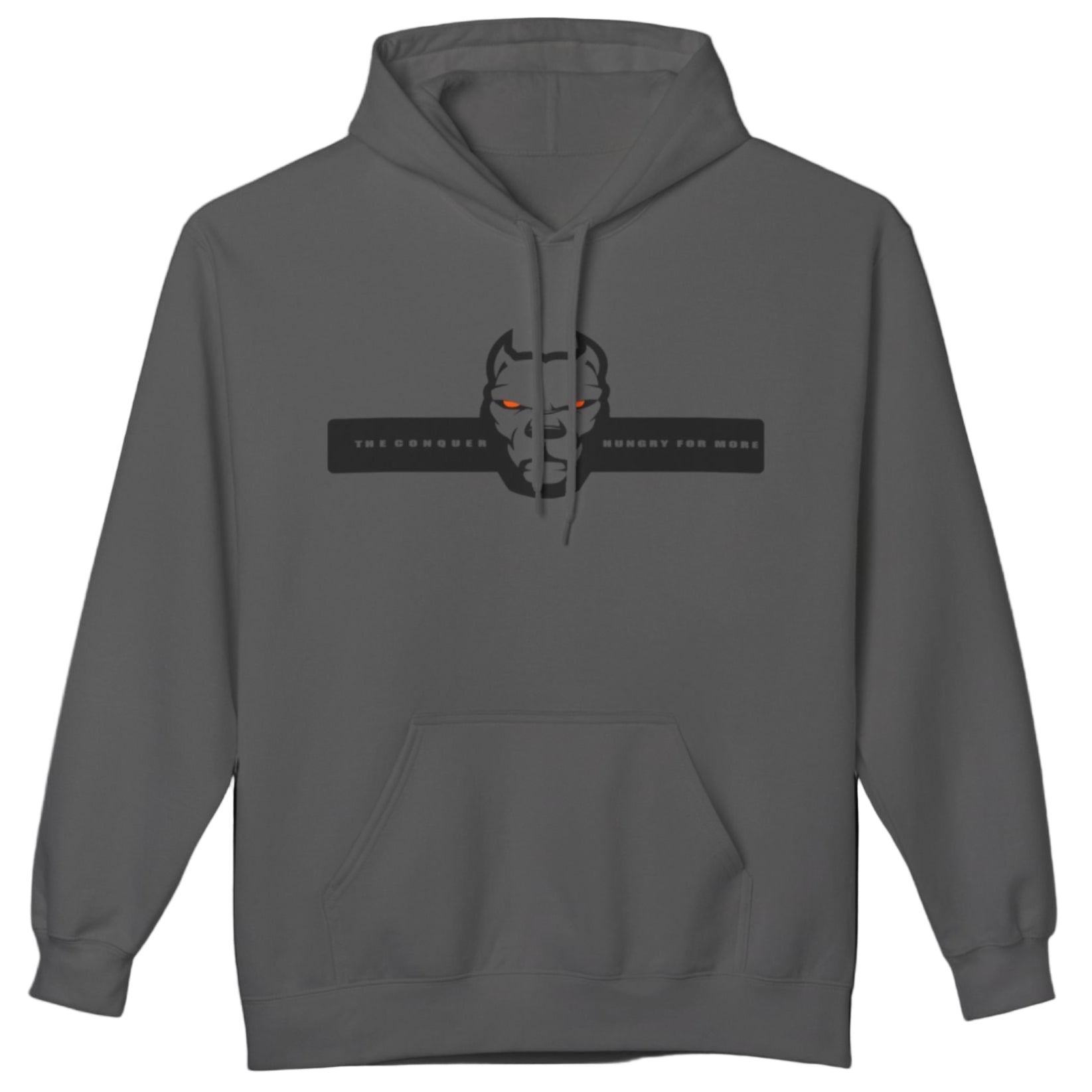 sport grey sporty hoodie for fitness and bodybuilding training by the brand Fitbull, branded with a logo and a motivating motif front view