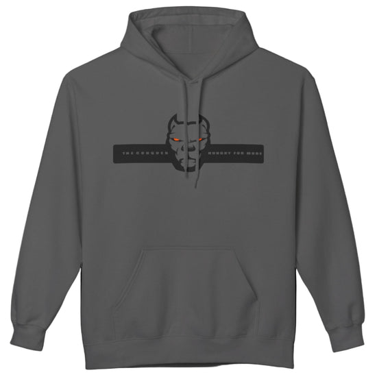 sport grey sporty hoodie for fitness and bodybuilding training by the brand Fitbull, branded with a logo and a motivating motif front view
