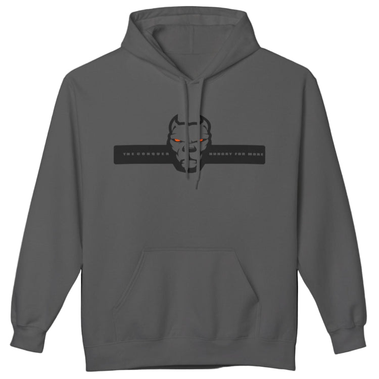sport grey sporty hoodie for fitness and bodybuilding training by the brand Fitbull, branded with a logo and a motivating motif front view