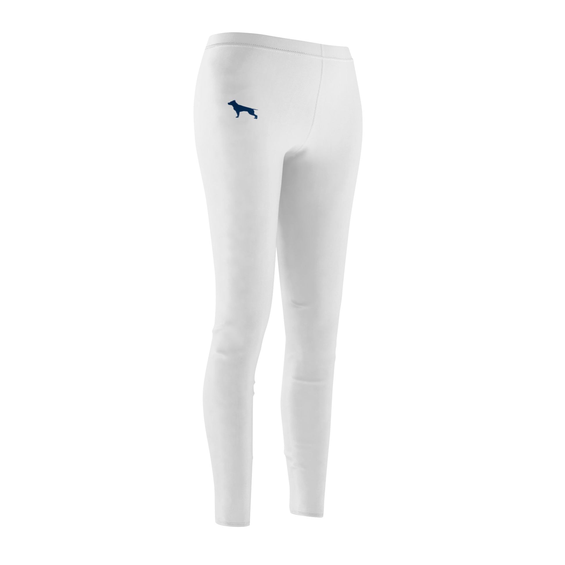 weiße Fitness-Leggings der Marke Fitbull, Frontansicht, mit Logo versehen Seitenansicht