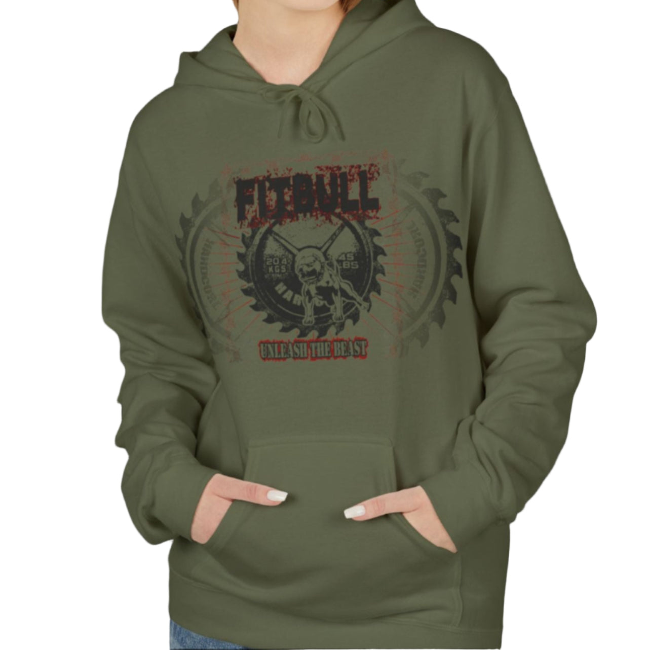 A woman wear sports military green hoodet, fitness sweatshirt Fitbull, with motivation desighn Unleash The Beast.