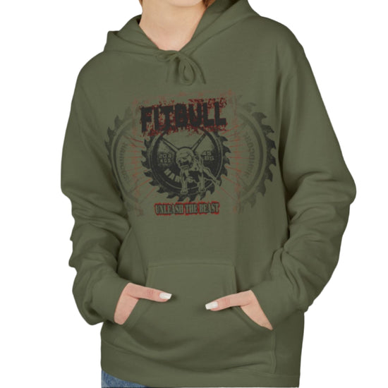 A woman wear sports military green hoodet, fitness sweatshirt Fitbull, with motivation desighn Unleash The Beast.