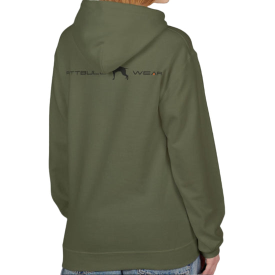 A woman wear sports military green hoodet, fitness sweatshirt Fitbull, with motivation desighn Unleash The Beast, back view.