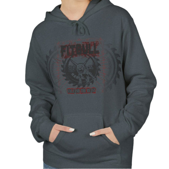 A woman wear sports sport grey hoodet, fitness sweatshirt Fitbull, with motivation desighn Unleash The Beast.
