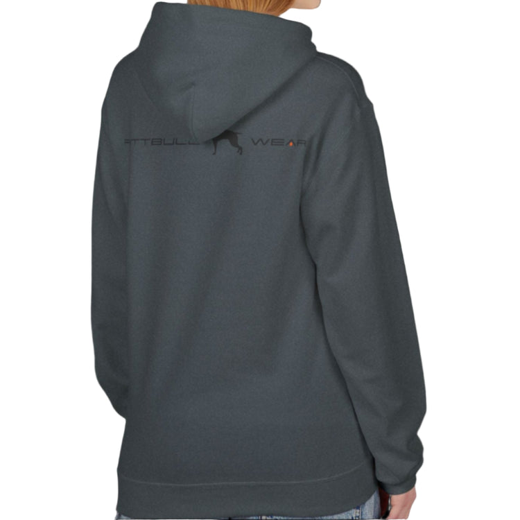 A woman wear sports sport grey hoodet, fitness sweatshirt Fitbull, with motivation desighn Unleash The Beast, back view.