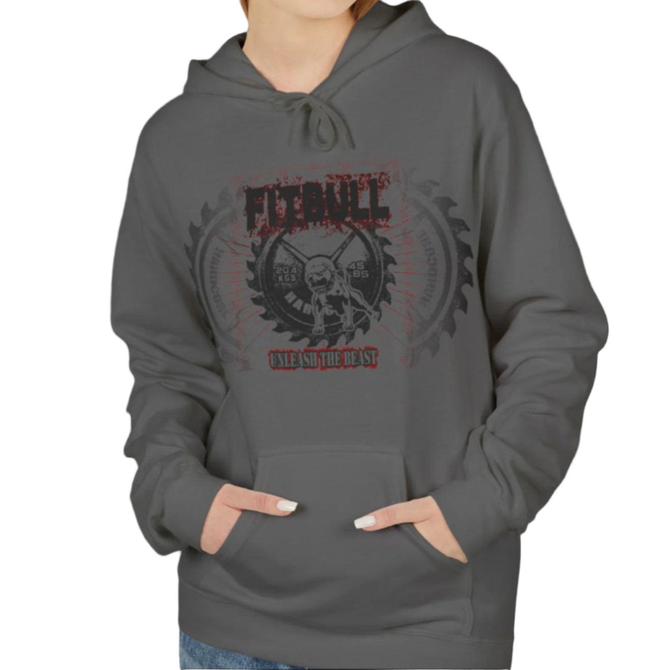 A woman wear sports sharcoal hoodet, fitness sweatshirt Fitbull, with motivation desighn Unleash The Beast.