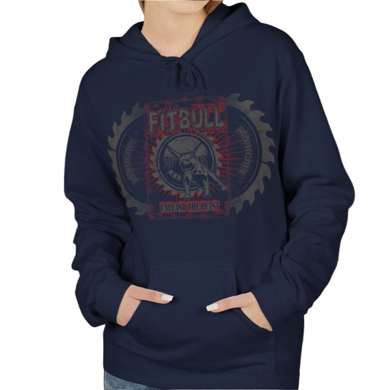 A woman wear sports navy blue hoodet, fitness sweatshirt Fitbull, with motivation desighn Unleash The Beast.