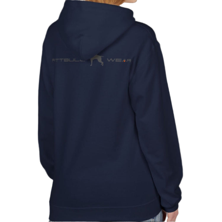 A woman wear sports navy blue hoodet, fitness sweatshirt Fitbull, with motivation desighn Unleash The Beast, back view.