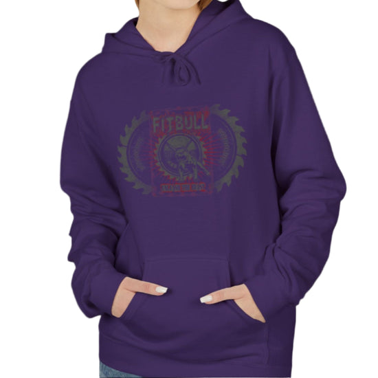 A woman wear sports purple hoodet, fitness sweatshirt Fitbull, with motivation desighn Unleash The Beast.