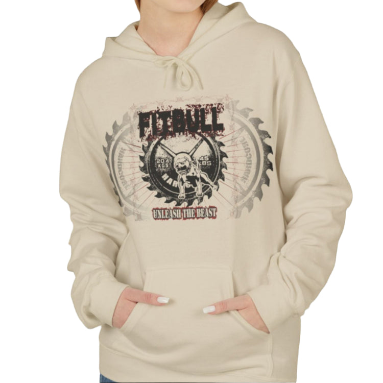 A woman wear sports beige hoodet, fitness sweatshirt Fitbull, with motivation desighn Unleash The Beast.