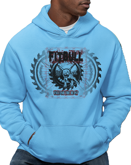 A man wear sports blue hoodet, fitness sweatshirt Fitbull, with motivation desighn No Day Off.