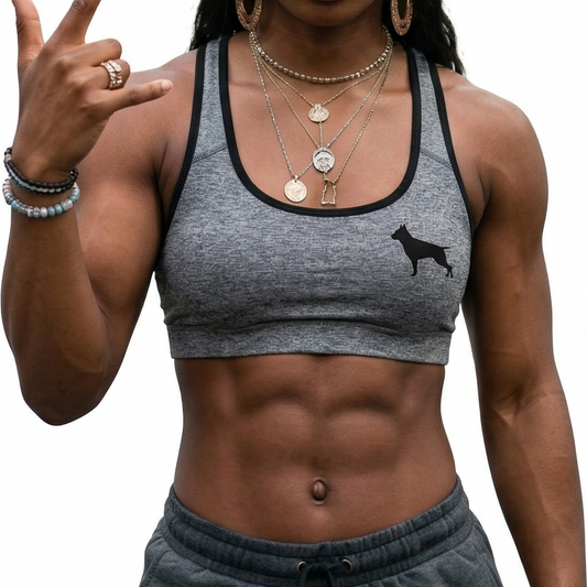 a gray sports fitbull bra and shorts with a white background