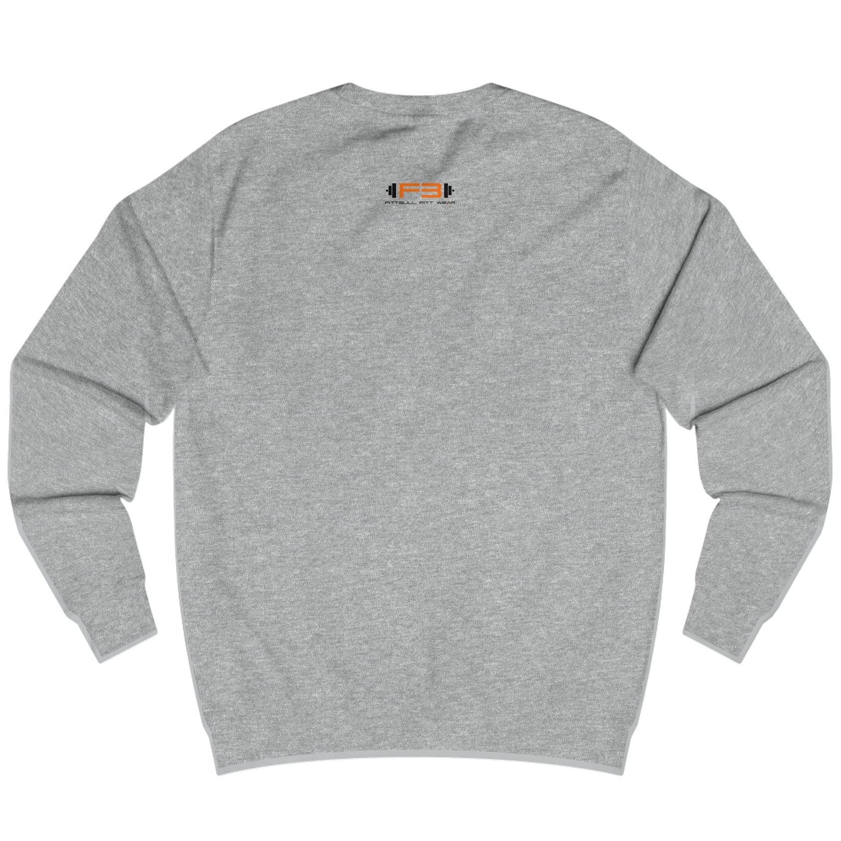 Grey sweatshirt Fitbull with a motivational sports brand and design graphic on the back.