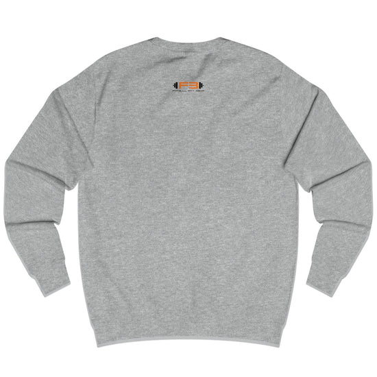 Grey sweatshirt Fitbull with a motivational sports brand and design graphic on the back.