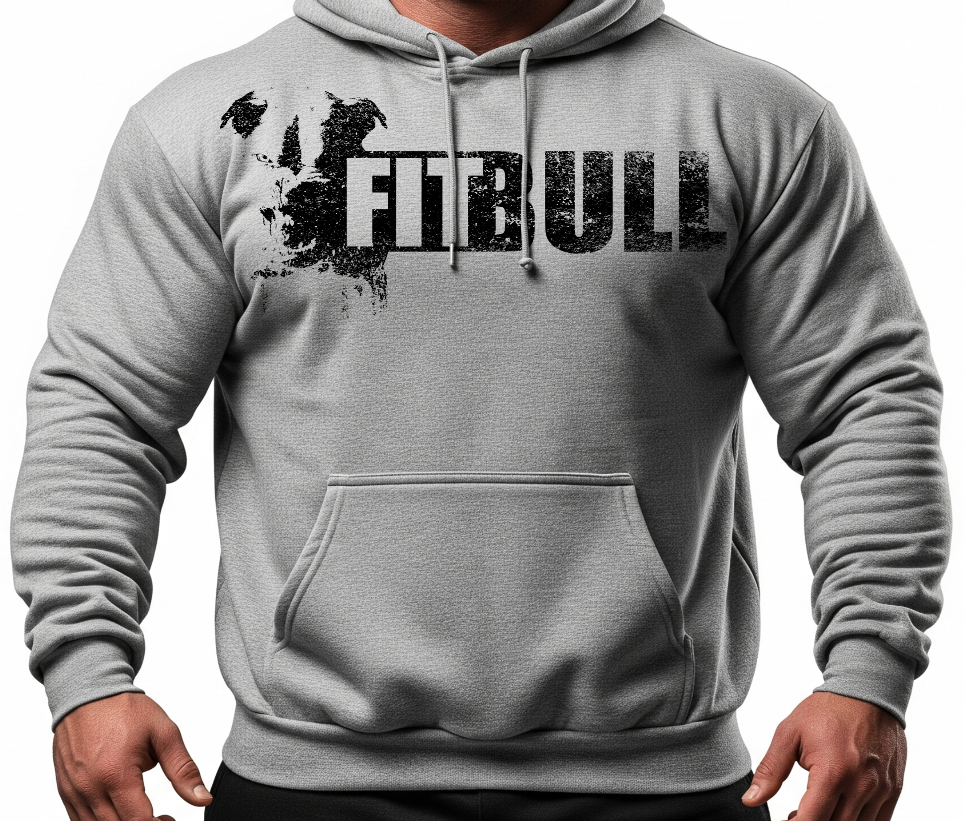 A man wear Gray hoodie with 'FITBULL' mivational fitness design.