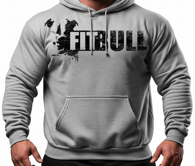 A man wear Gray hoodie with 'FITBULL' mivational fitness design.