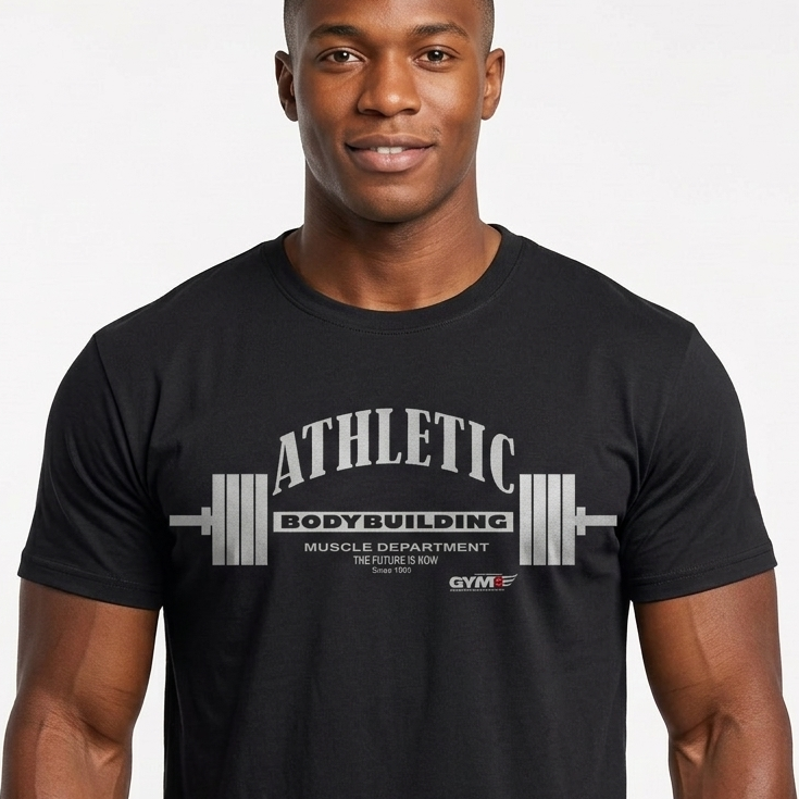 Man wearing a black t-shirt with 'Athletic Bodybuilding' text and barbell graphic on a white background