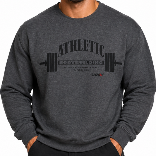 Man wearing a dark gray Gymstar sweatshirt with 'Athletic Bodybuilding' text on a white background