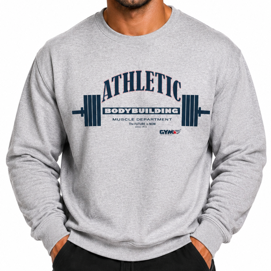 Man wearing a gray Gymstar sweatshirt with 'Athletic Bodybuilding' text and barbell graphic on a white background