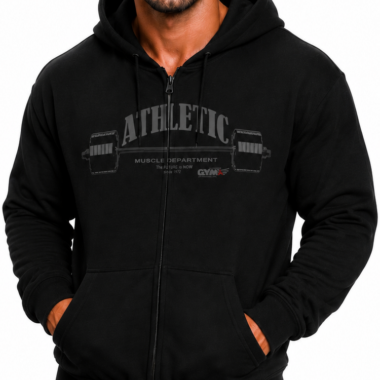 Man wearing a black Gymstar hoodie with 'Athletic' text on a white background