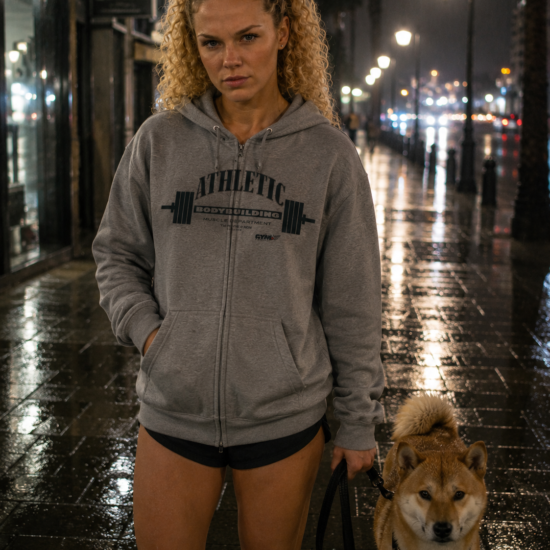 Woman in a gray Gymstar Athletic hoodie with a dog on a city street at night
