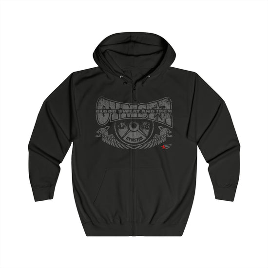 A black zip-up hoodie with a distressed gray graphic on the front featuring the text 'HUNTER' and 'GREAT AND TRUE' with a central eye emblem, shown against a plain white background.