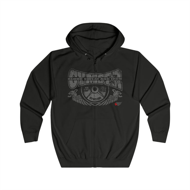 A black zip-up hoodie with a distressed gray graphic on the front featuring the text 'HUNTER' and 'GREAT AND TRUE' with a central eye emblem, shown against a plain white background.