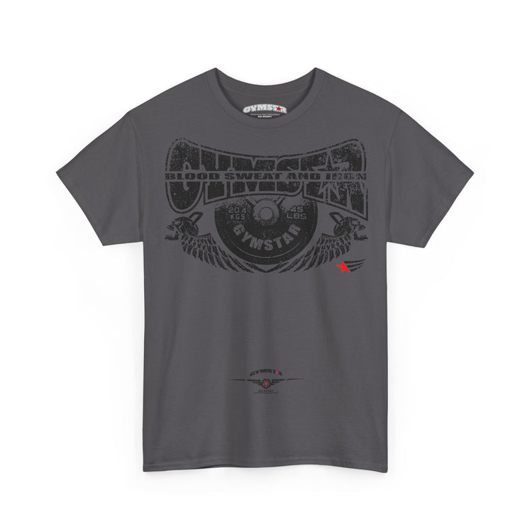 A dark gray crewneck t-shirt featuring a distressed black graphic print on the front with the words 'UNBEATEN', 'BLOOD SWEAT AND ICE', and 'GYMSTAR'. A small red star logo is visible on the left chest, and a Gymstar brand label is printed inside the collar.