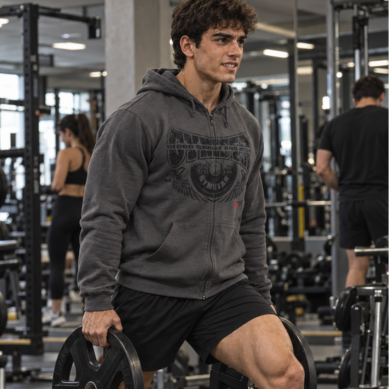 Man performing a weighted lunge with a weight plate in each hand, wearing a charcoal grey GYMSTAR Blood, Sweat and Iron full zip hoodie.