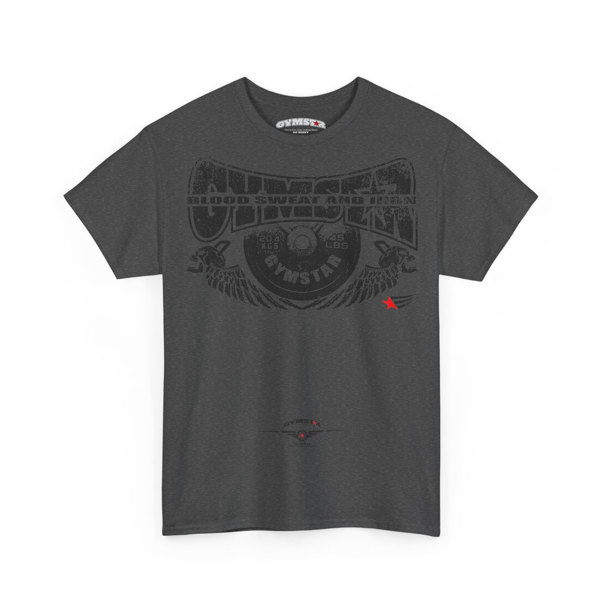 A dark gray heather crewneck t-shirt featuring a faded black graphic print on the front with the words 'Gymnast' and 'Blood Sweat and Iron', accompanied by a small red star accent on the left chest.
