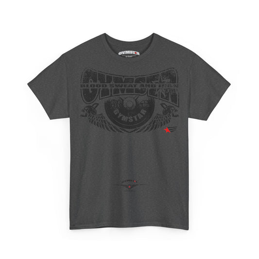 A dark gray heather crewneck t-shirt featuring a faded black graphic print on the front with the words 'Gymnast' and 'Blood Sweat and Iron', accompanied by a small red star accent on the left chest.