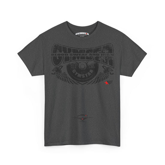 A dark gray heather crewneck t-shirt featuring a faded black graphic print on the front with the words 'Gymnast' and 'Blood Sweat and Iron', accompanied by a small red star accent on the left chest.