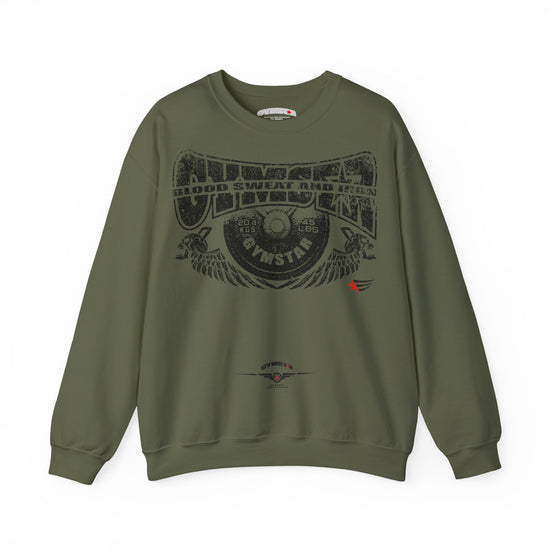 A military green crewneck sweatshirt featuring a leopard print graphic on the front with the text 'MAHJ' and a matching leopard print bow underneath.