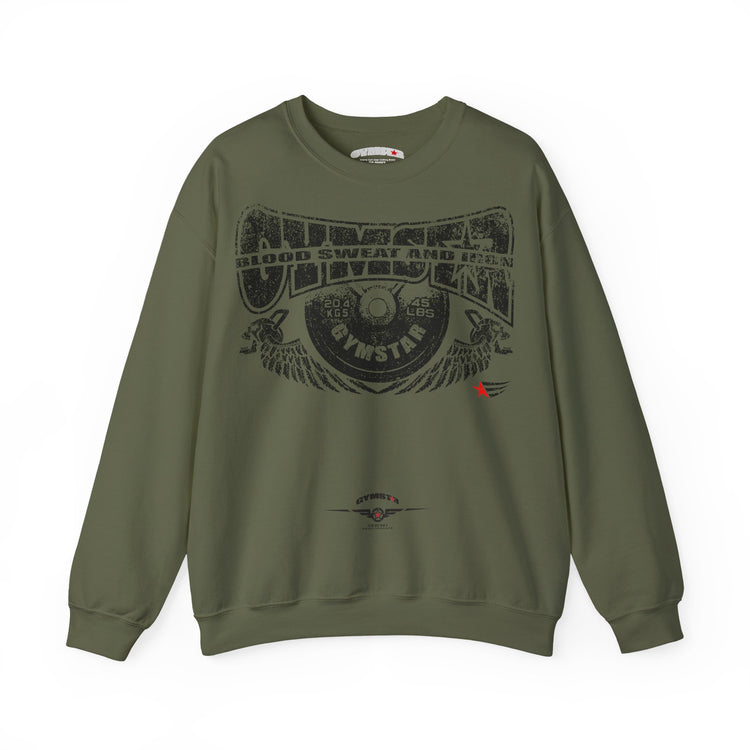 A military green crewneck sweatshirt featuring a leopard print graphic on the front with the text 'MAHJ' and a matching leopard print bow underneath.