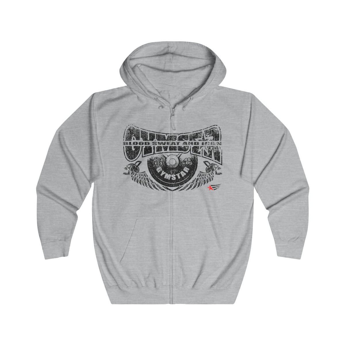 A light gray zip-up hoodie with a distressed black graphic on the chest that reads 'UNDEFEATED' and 'BLOOD SWEAT AND IRON', shown on a plain white background.
