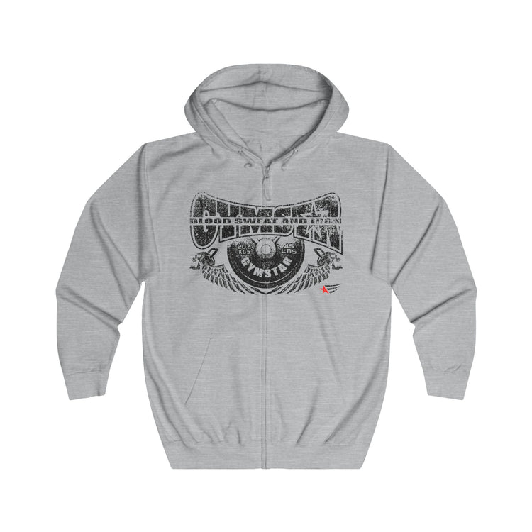 A light gray zip-up hoodie with a distressed black graphic on the chest that reads 'UNDEFEATED' and 'BLOOD SWEAT AND IRON', shown on a plain white background.