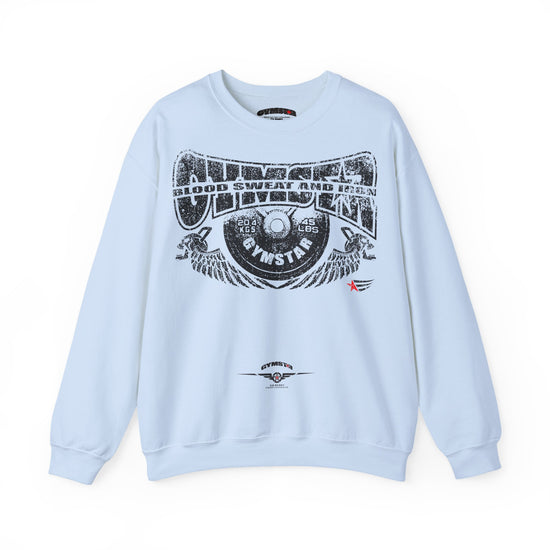 A blue crewneck sweatshirt featuring a leopard print graphic on the front with the text 'MAHJ' and a matching leopard print bow underneath.