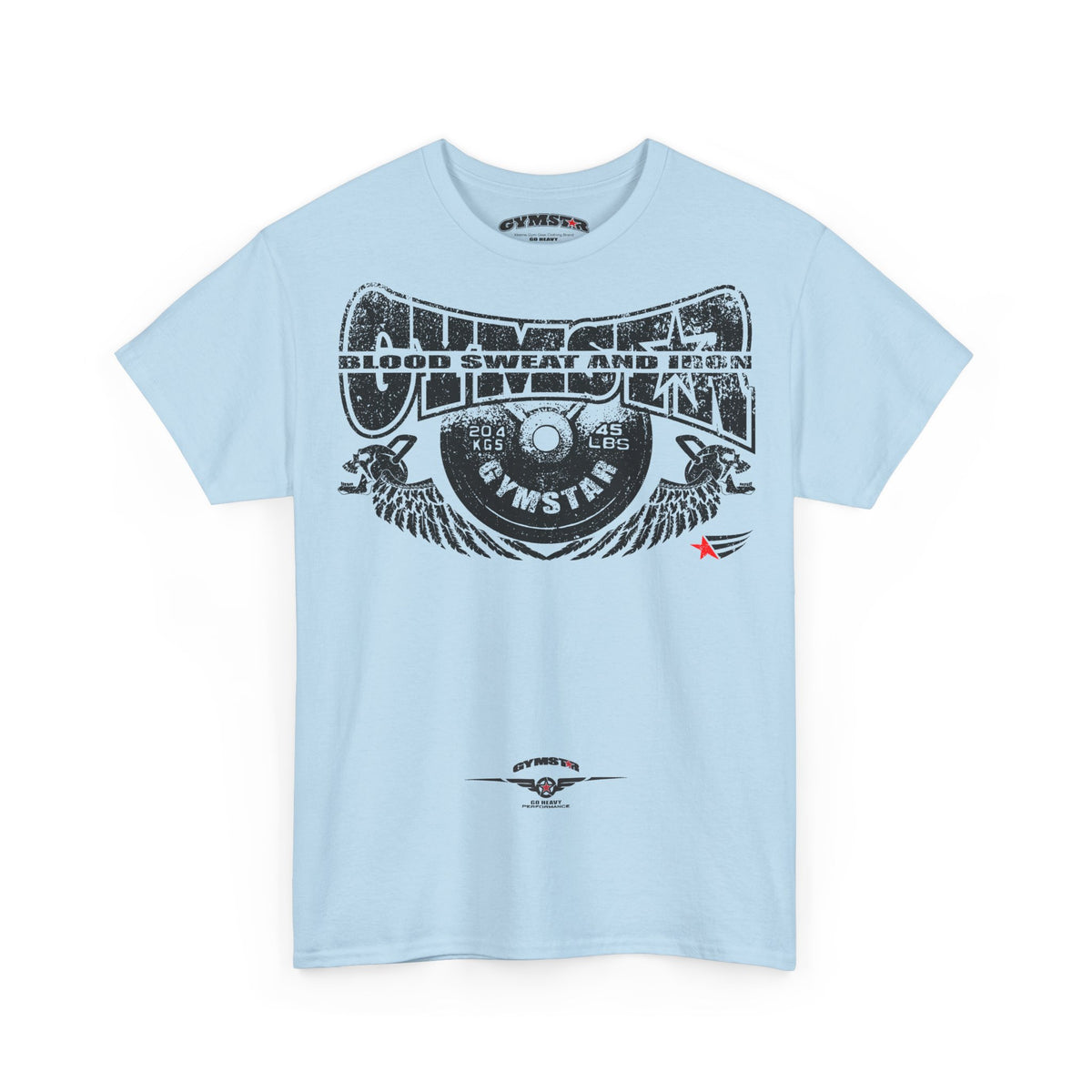 A light blue short-sleeve t-shirt with a large black distressed graphic on the front reading 'Gymnasticon' and 'Blood Sweat and Iron'. The graphic features a vinyl record, wings, and a small red star accent.