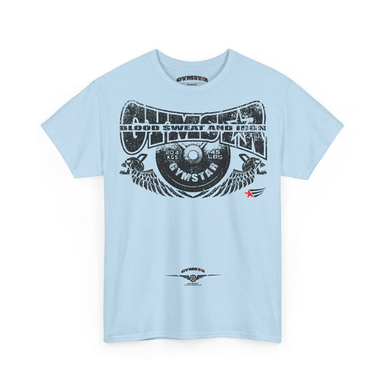 A light blue short-sleeve t-shirt with a large black distressed graphic on the front reading 'Gymnasticon' and 'Blood Sweat and Iron'. The graphic features a vinyl record, wings, and a small red star accent.