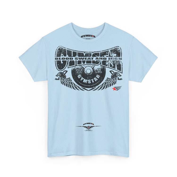 A light blue short-sleeve t-shirt with a large black distressed graphic on the front reading 'Gymnasticon' and 'Blood Sweat and Iron'. The graphic features a vinyl record, wings, and a small red star accent.