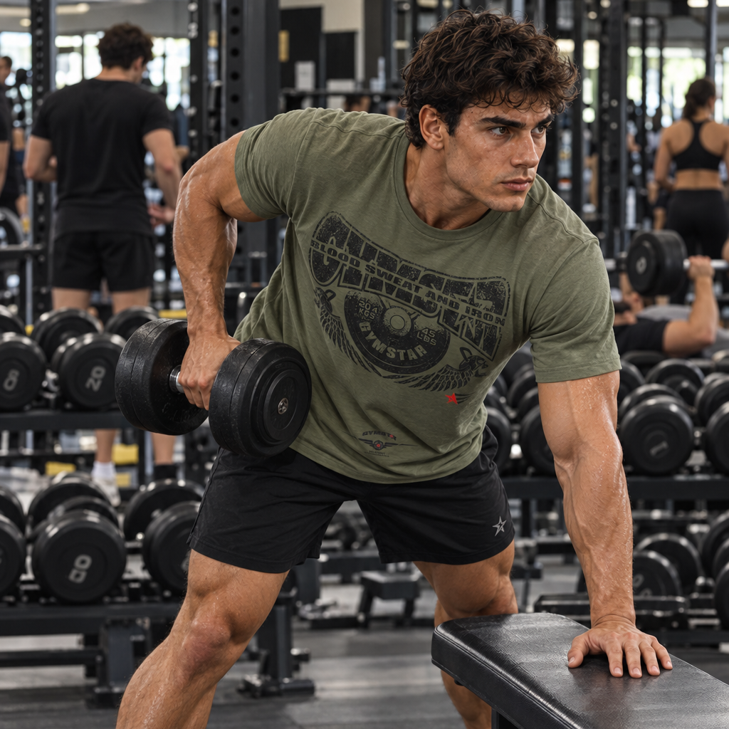 A man in a gym performing a dumbbell row, wearing an olive green Gymstar t-shirt with a black graphic and black athletic shorts. The background shows other gym equipment and other people working out.